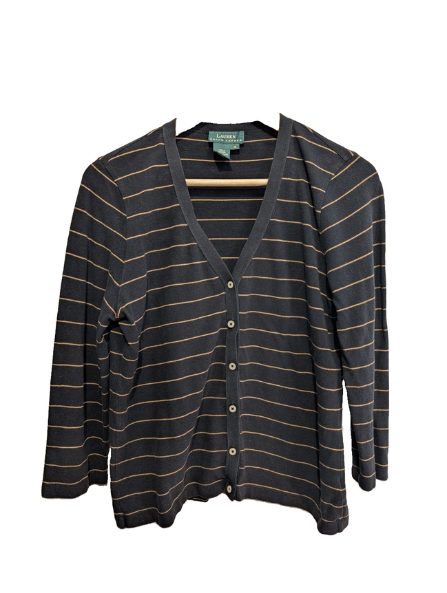 Cardigan femme Lauren Ralph Lauren M noir rayures marron coton col V boutons