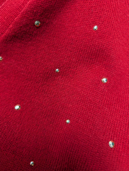 Pull Tommy Hilfiger Femme Rouge Col V Strass Dorés 100% Coton Taille L