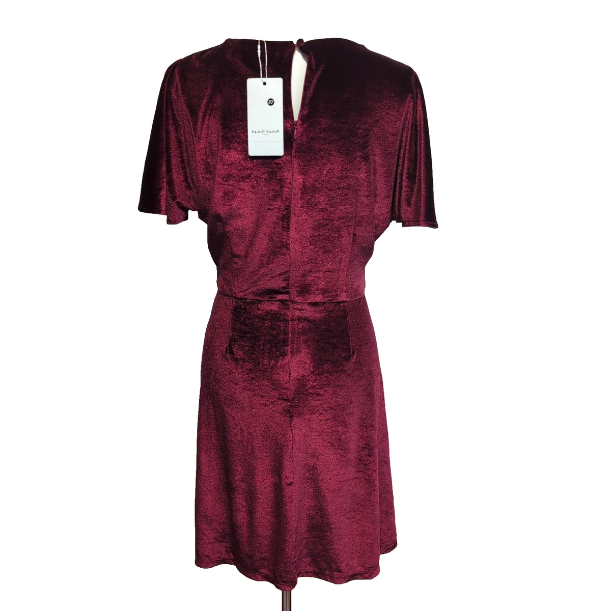 Robe Naf Naf T40 Velours Bordeaux Satiné Manches Courtes Neuve Étiquette