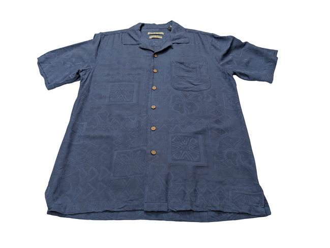 Chemise hawaïenne soie bleue Batik Bay manches courtes taille S