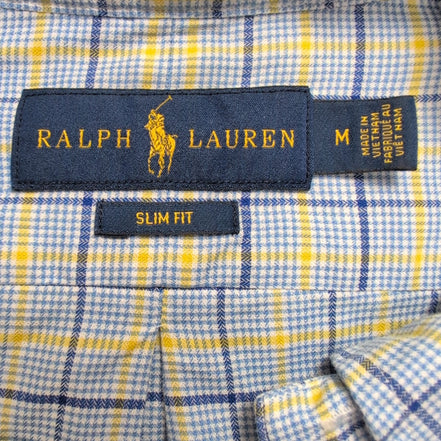 Chemise Ralph Lauren M Slim Fit Carreaux Bleu Jaune 100% Coton Logo Bleu Marine
