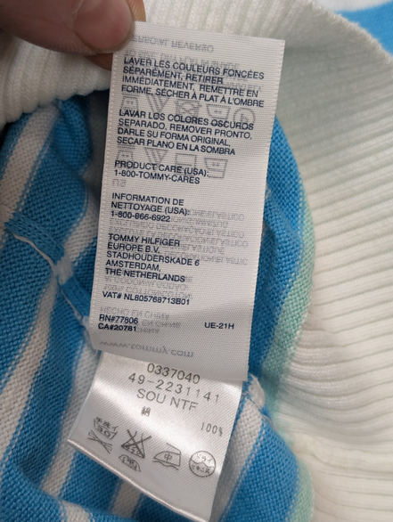 Pull Col V Tommy Hilfiger à rayures Bleu Ciel et Blanc Femme - Taille M