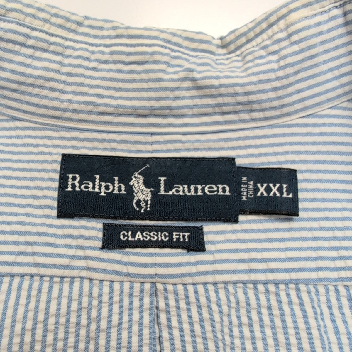 Chemise Ralph Lauren XXL Bleu Rayures Gaufrées Logo Rose Manches Courtes