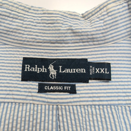 Chemise Ralph Lauren XXL Bleu Rayures Gaufrées Logo Rose Manches Courtes