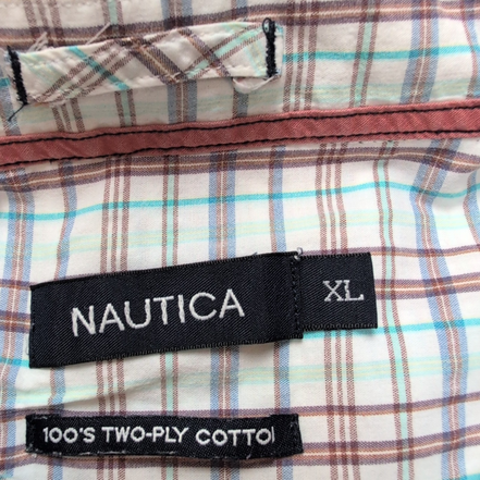 Chemise Manches Courtes Nautica Taille XL 100% Coton Marron Bleu Blanc Poche