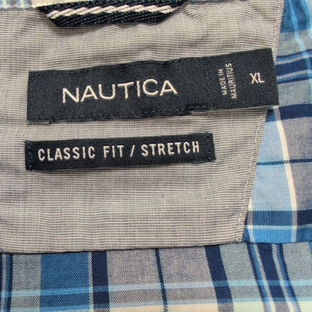 Chemise Nautica XL Bleu Blanc Carreaux Stretch Classic Fit manches longues