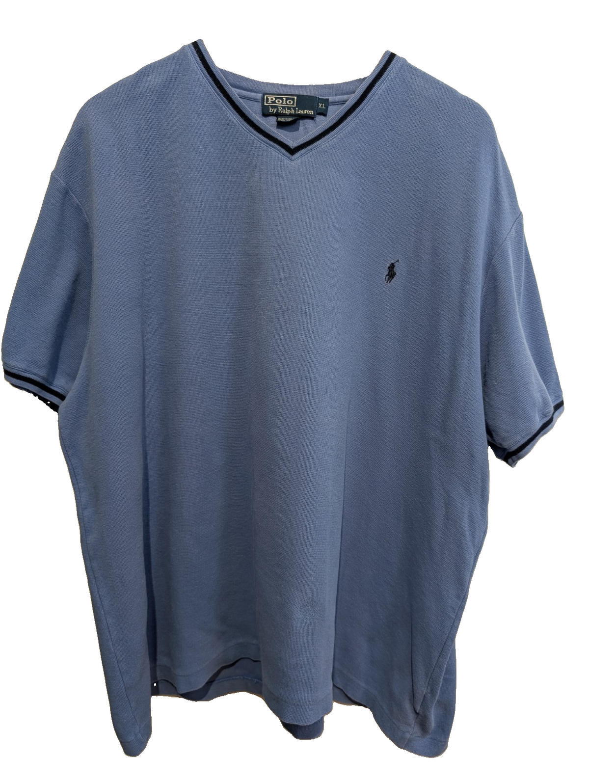 T-shirt Polo Ralph Lauren XL bleu ciel col V coton épais logo brodé