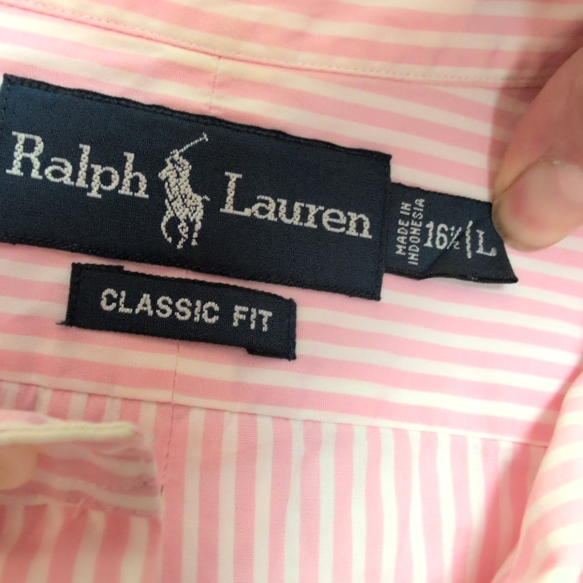 Chemise Ralph Lauren Classic Fit L/XL rose rayures logo bleu coton