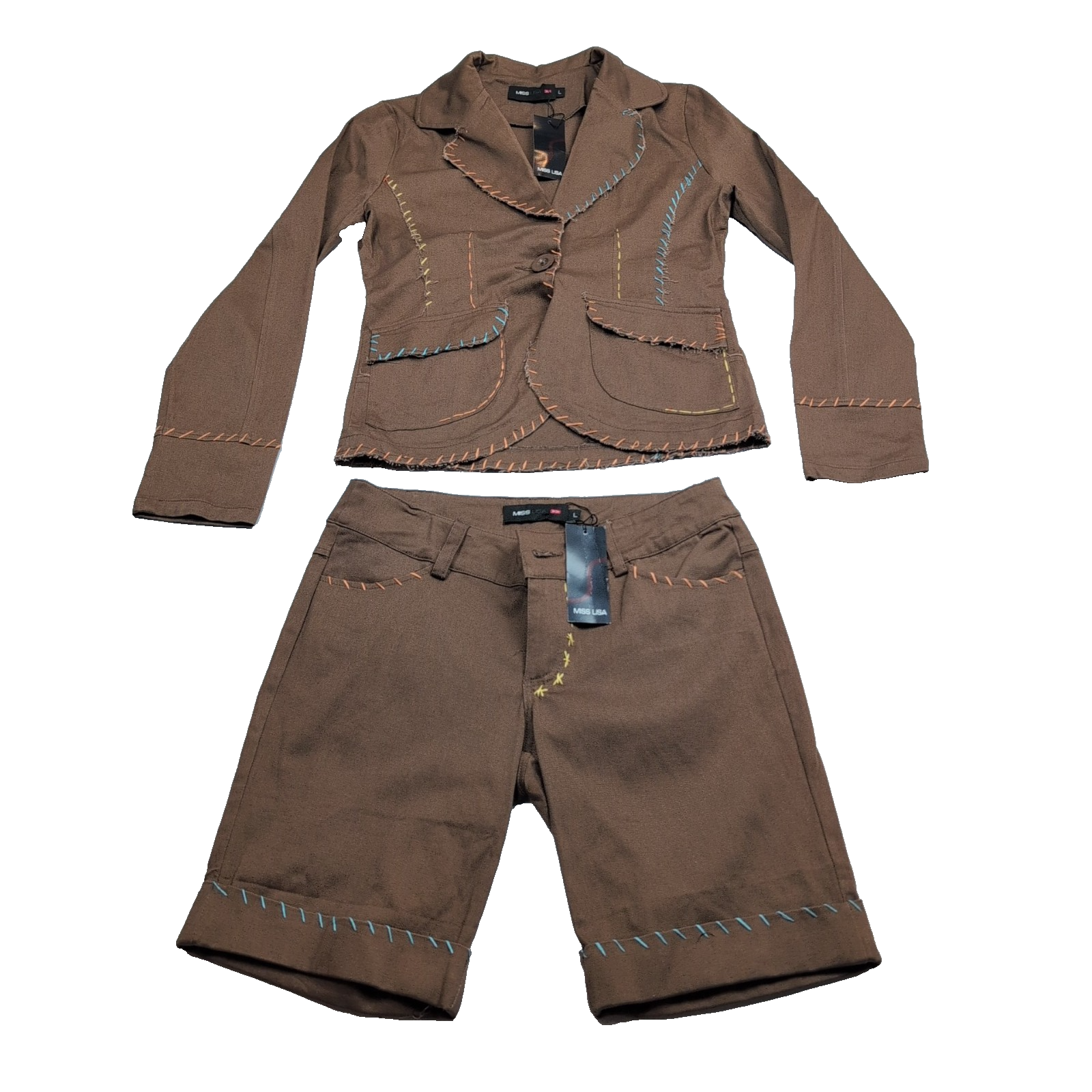 Ensemble Femme MISS USA Veste + Short Marron 100% Coton Taille L Neuf