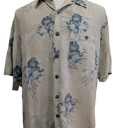 Chemise Hawaïenne Banana Cabana 100% Soie Blanc Cassé & Fleurs Bleues - Taille L