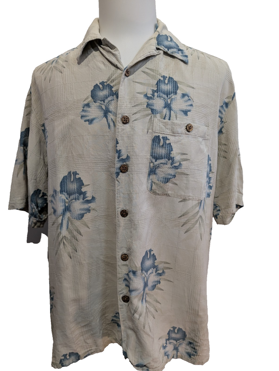Chemise Hawaïenne Banana Cabana 100% Soie Blanc Cassé & Fleurs Bleues - Taille L