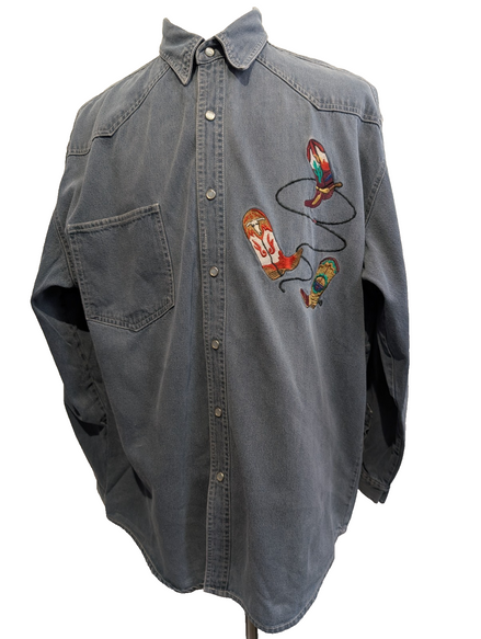 Chemise Western Novin Authentic Jean Gris Broderie Bottes Cowboy