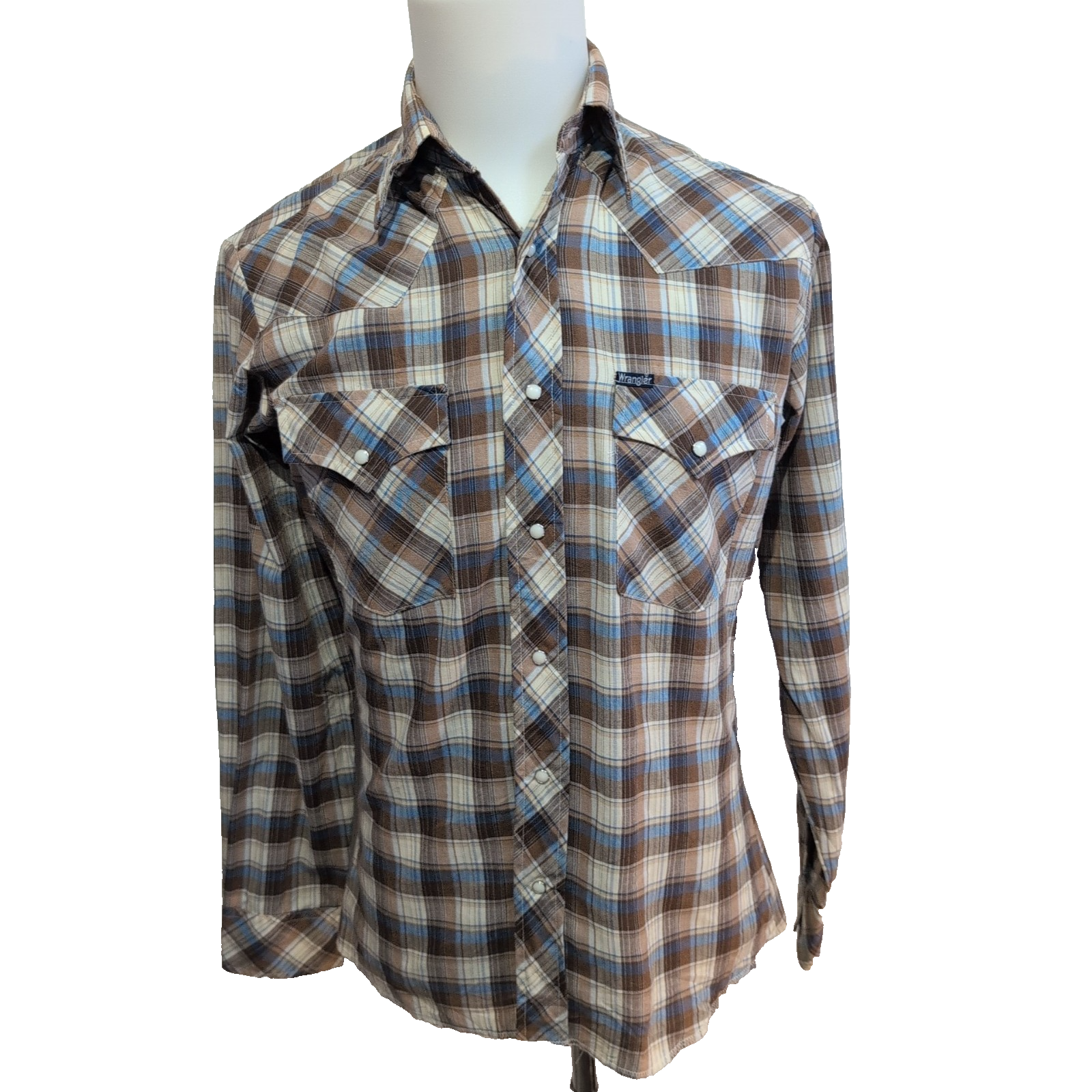 Chemise Wrangler Western Carreaux Marron Bleu 2 Poches Rabat Boutons Nacrés T.S