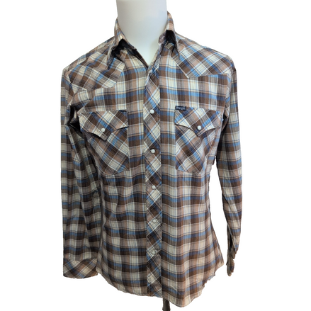 Chemise Wrangler Western Carreaux Marron Bleu 2 Poches Rabat Boutons Nacrés T.S