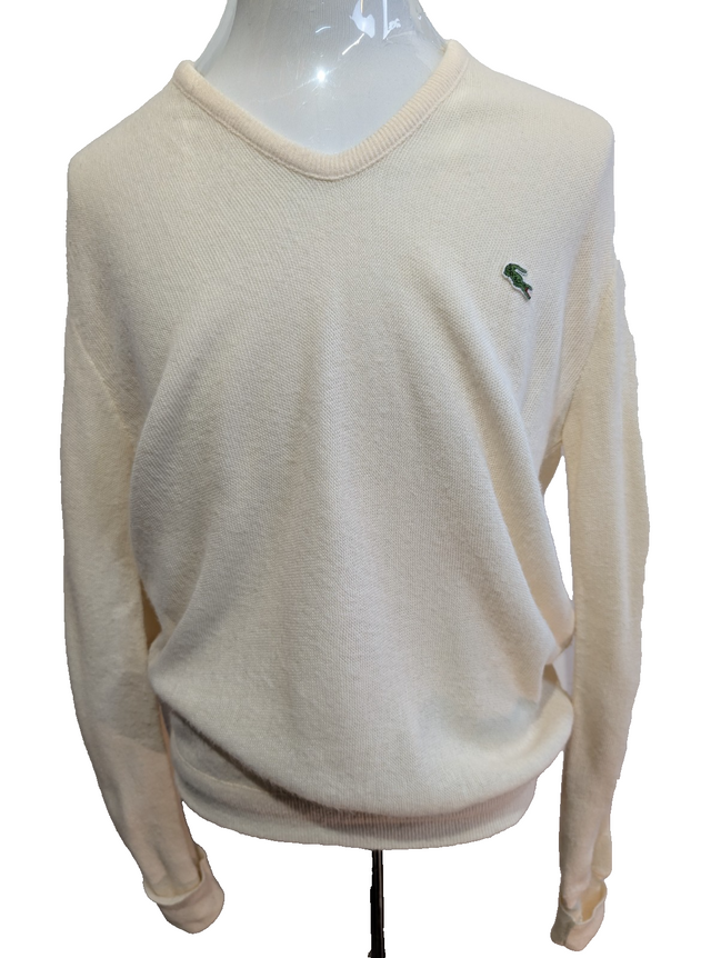 Pull Vintage IZOD Lacoste L crème col V crocodile brodé style preppy Made in USA