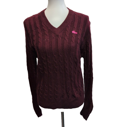 Haymaker Lacoste Vintage Pull Femme M Bordeaux Torsadé Col V Crocodile Rose