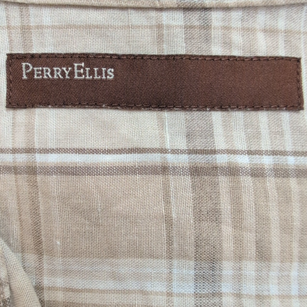 Chemise Perry Ellis Lin Coton Marron Crème Carreaux Manches Courtes Taille M
