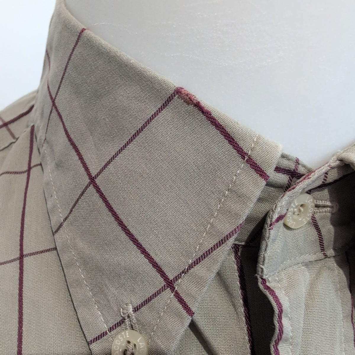 Chemise Lacoste 39 Kaki Clair Carreaux Bordeaux Poche manches longues