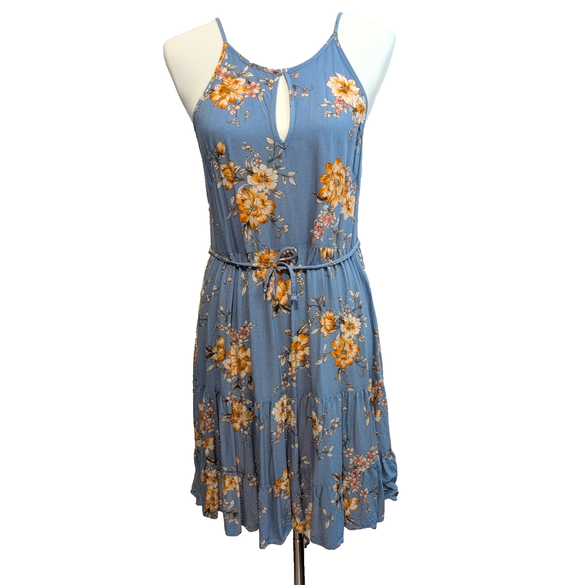 Robe d'été Fleurie Bleue Rayonne Taille Ajustable Bretelles Réglables