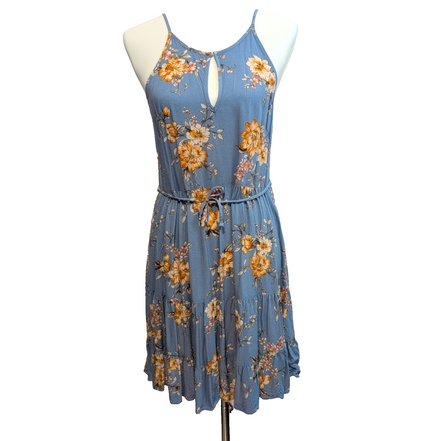 Robe d'été Fleurie Bleue Rayonne Taille Ajustable Bretelles Réglables
