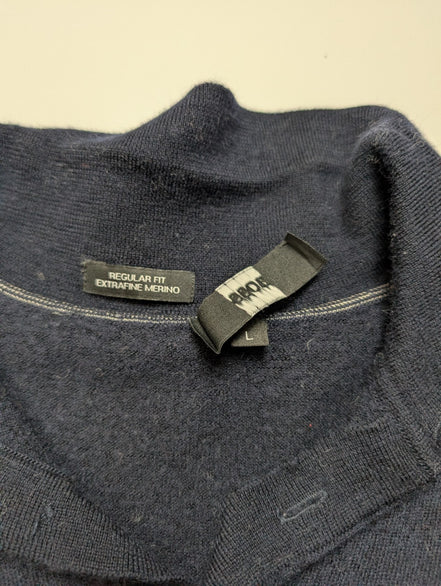 Pull Hugo Boss Femme Taille L Bleu Marine 100% Laine Mérinos Col Boutonné