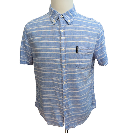 Chemise Ben Sherman M Ajustée Lin Rayonne Bleu Rayures Manches Courtes