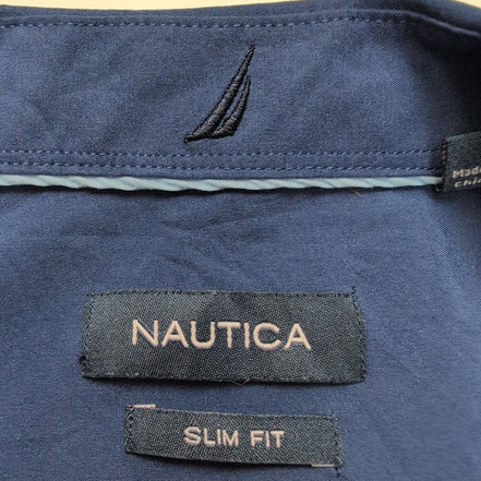 Chemise Nautica L XL Bleu Uni Slim Fit Stretch Logo Brodé manches longues