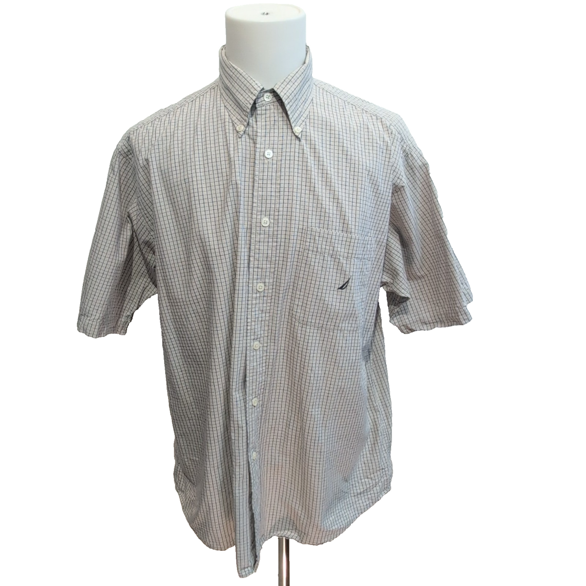 Chemise Nautica carreaux bleu marine écru manches courtes coton taille L