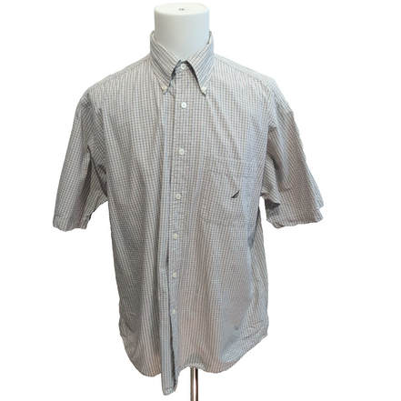Chemise Nautica carreaux bleu marine écru manches courtes coton taille L