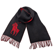 Écharpe Polo Ralph Lauren Réversible Logo Géant Noir Rouge Laine d'Agneau Italy