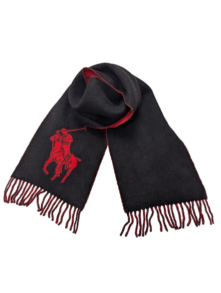 Écharpe Polo Ralph Lauren Réversible Logo Géant Noir Rouge Laine d'Agneau Italy