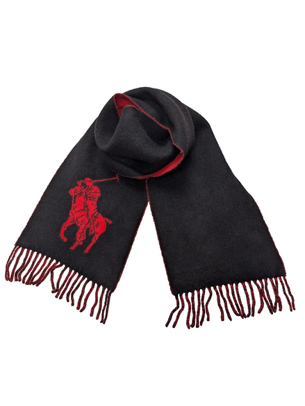 Écharpe Polo Ralph Lauren Réversible Logo Géant Noir Rouge Laine d'Agneau Italy