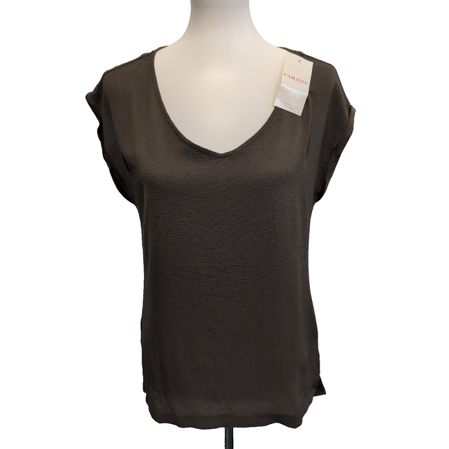 Haut Femme Taille S Camaïeu Basic Kaki Col V Sans Manches Neuf Étiquette