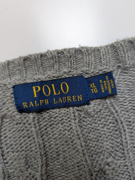 Pull POLO RALPH LAUREN Homme Gris Torsadé Cable Knit Logo Marine Taille XL XXL