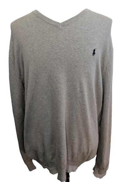 Pull Polo Ralph Lauren Gris Clair Logo Marine Coton Pima - Taille XL - NEUF