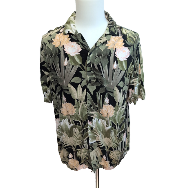 Chemise Hawaïenne Manches Courtes H&M Viscose Floral Kaki Noir M