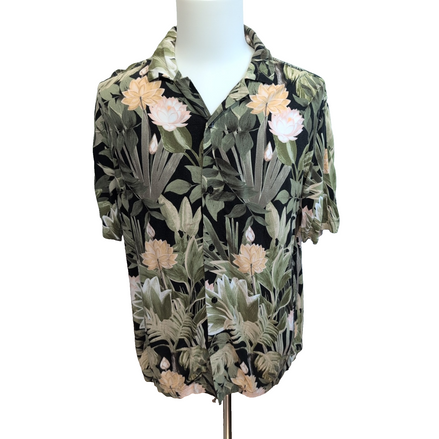 Chemise Hawaïenne Manches Courtes H&M Viscose Floral Kaki Noir M