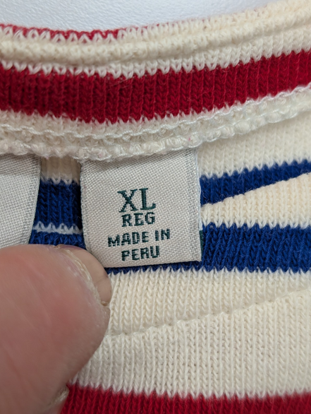 Pull L.L.Bean Femme XL Marinière Rayures Rouge Bleu Écru Coton Manches 3/4