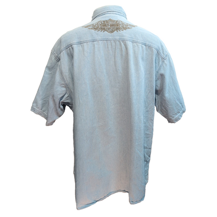 Chemise Harley Davidson XXL Jean Bleu Chevron Brodée Manches Courtes Coton