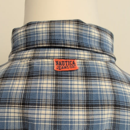 Chemise Nautica Bleu Carreaux 100% Coton Logo Métal Taille L manches courtes