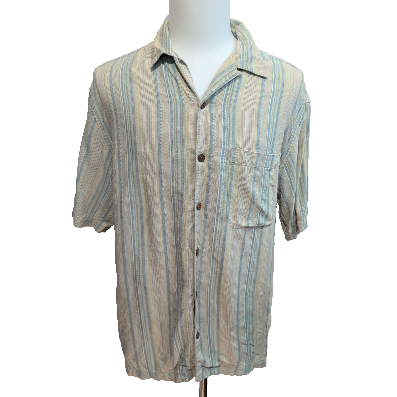 Chemise Hawaïenne Joseph & Feiss Soie Rayures Vert Bleu Boutons Bois L