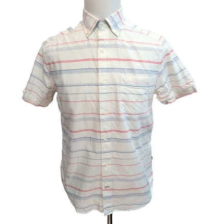 Chemise Nautica S Blanc Rayures Rouge Bleu MC Classic Fit 100% Coton