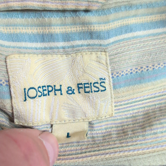 Chemise Hawaïenne Joseph & Feiss Soie Rayures Vert Bleu Boutons Bois L