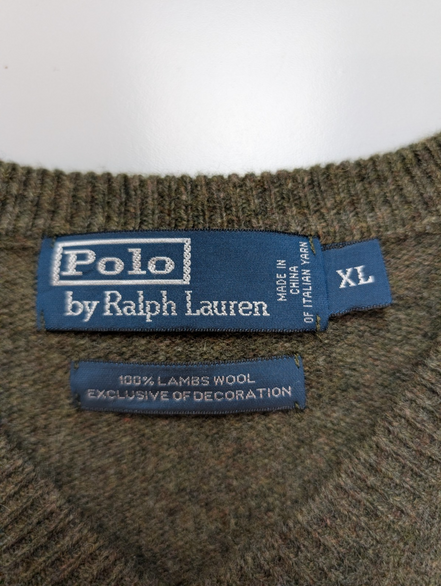 Pull POLO RALPH LAUREN 100% Laine Kaki Logo Marron Taille XL Excellent État