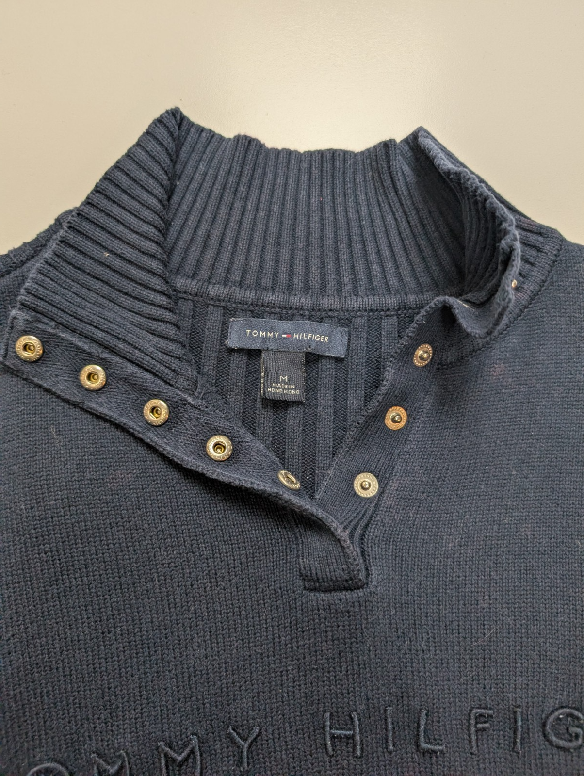 Pull Tommy Hilfiger Femme Rare Col Montant à Pressions - Marine & Blanc M