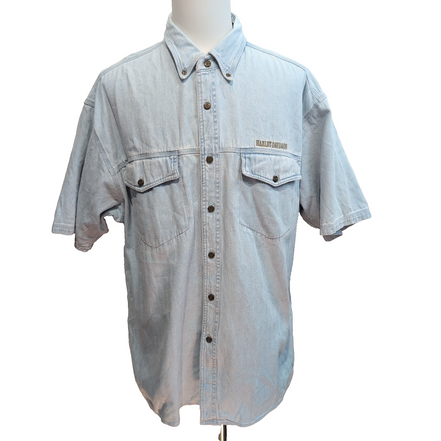 Chemise Harley Davidson XXL Jean Bleu Chevron Brodée Manches Courtes Coton