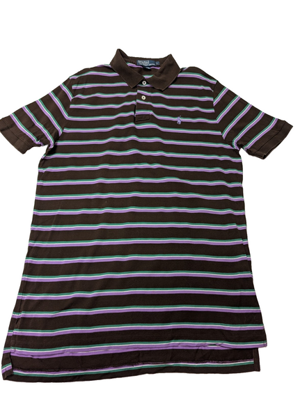 Polo manches courtes Polo Ralph Lauren L marron rayures vert mauve logo bleu