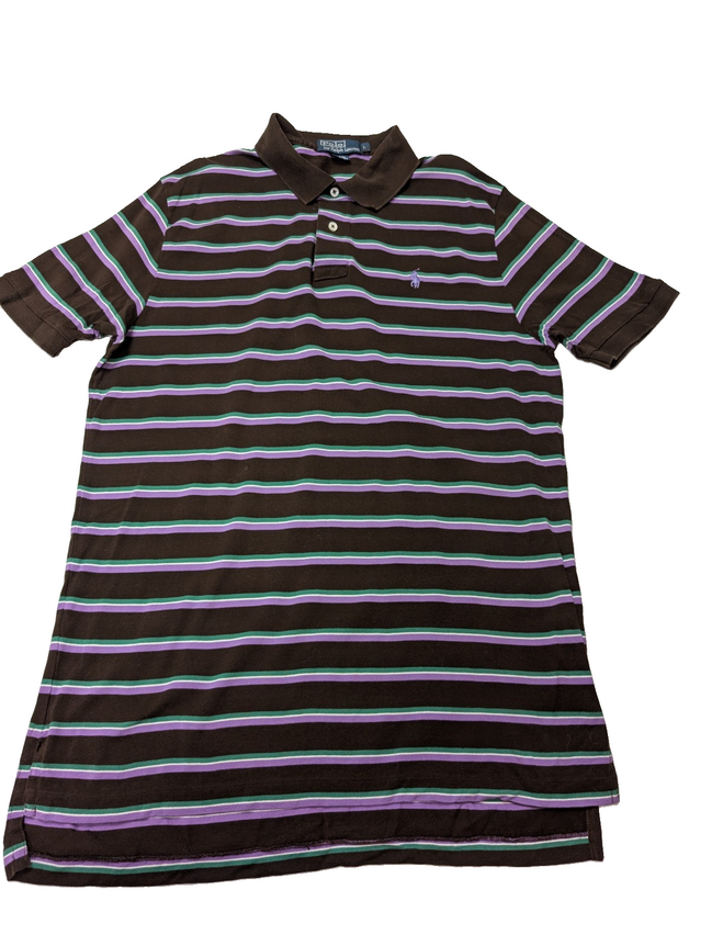 Polo manches courtes Polo Ralph Lauren L marron rayures vert mauve logo bleu