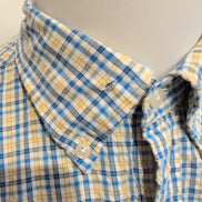 Chemise L.L.Bean M bleu jaune gaufrée manches courtes coton rare