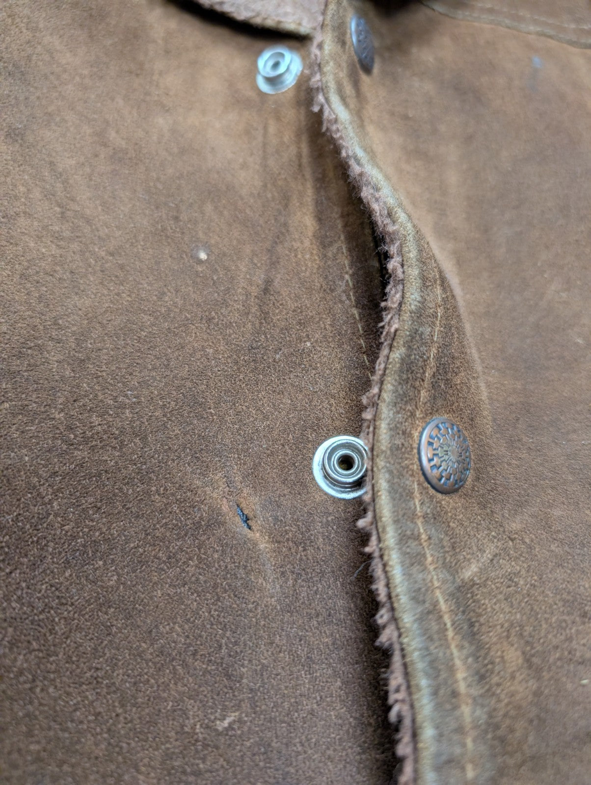 Vintage Pioneer Wear Suede Leather Shearling 44L Brown Western USA |47c